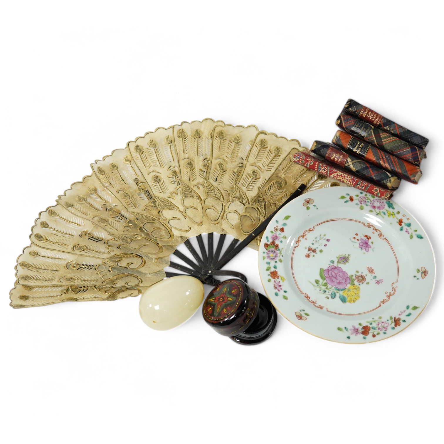 A Chinese famille rose plate a vellum fan, a small group of miniature books, lacquer box and onyx egg, fan 35cm wide. Condition - plate slight chip, rest fair to good